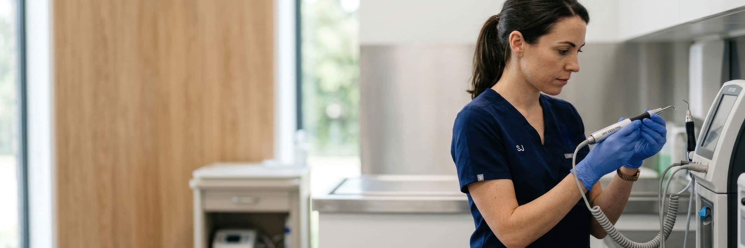 DA Dental assistant in navy blue scrubs and blue gloves preparing dental instruments in a modern dental clinic.