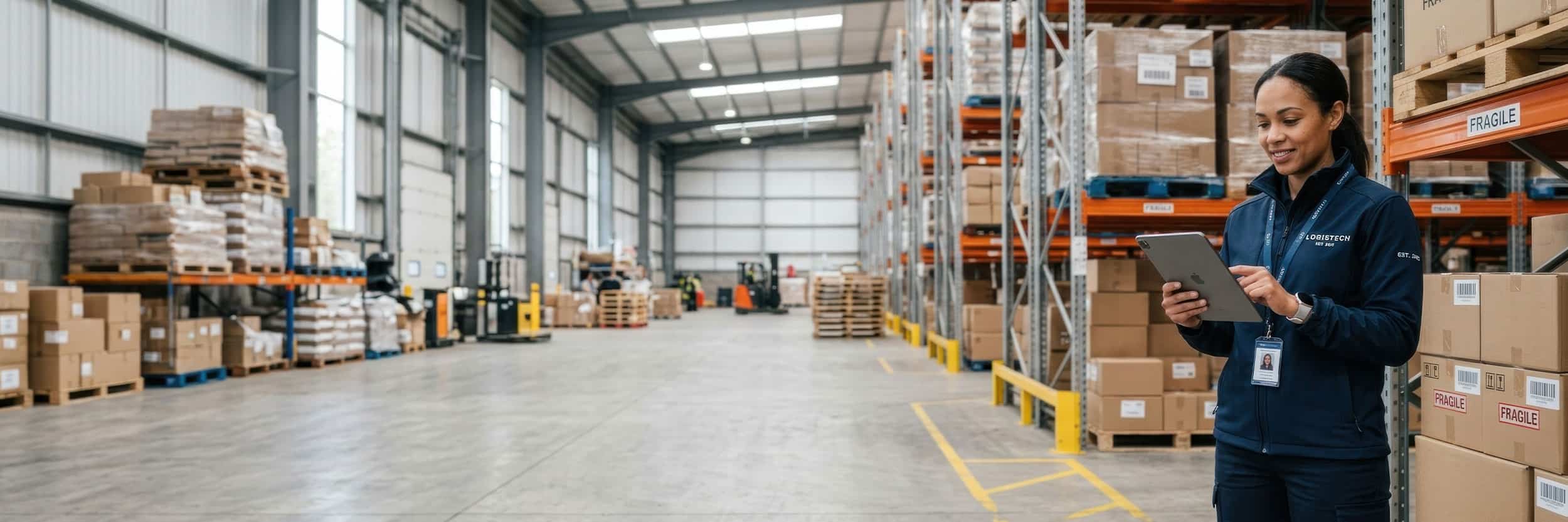 SCOM Supply chain and operations professional using a tablet to manage inventory in a large warehouse with shelves of boxes and pallets.