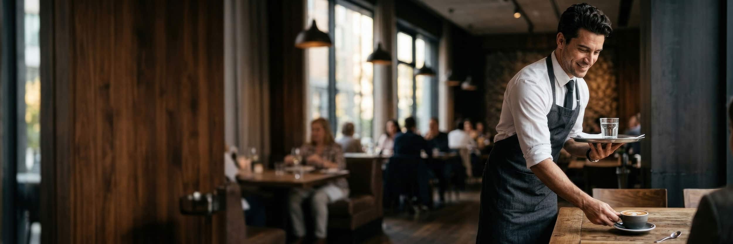 HM Restaurant server in a white shirt and grey apron serving coffee to a guest in a modern restaurant with diners in the background.