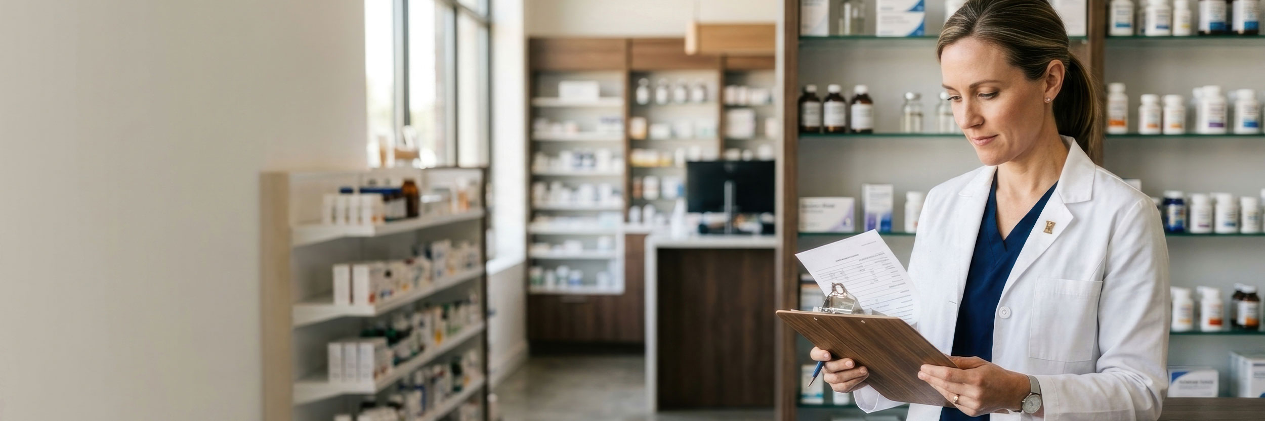 PT_desktop Pharmacy technician wearing a white lab coat reviewing medication records on a clipboard in a pharmacy, with shelves of medications in the background.