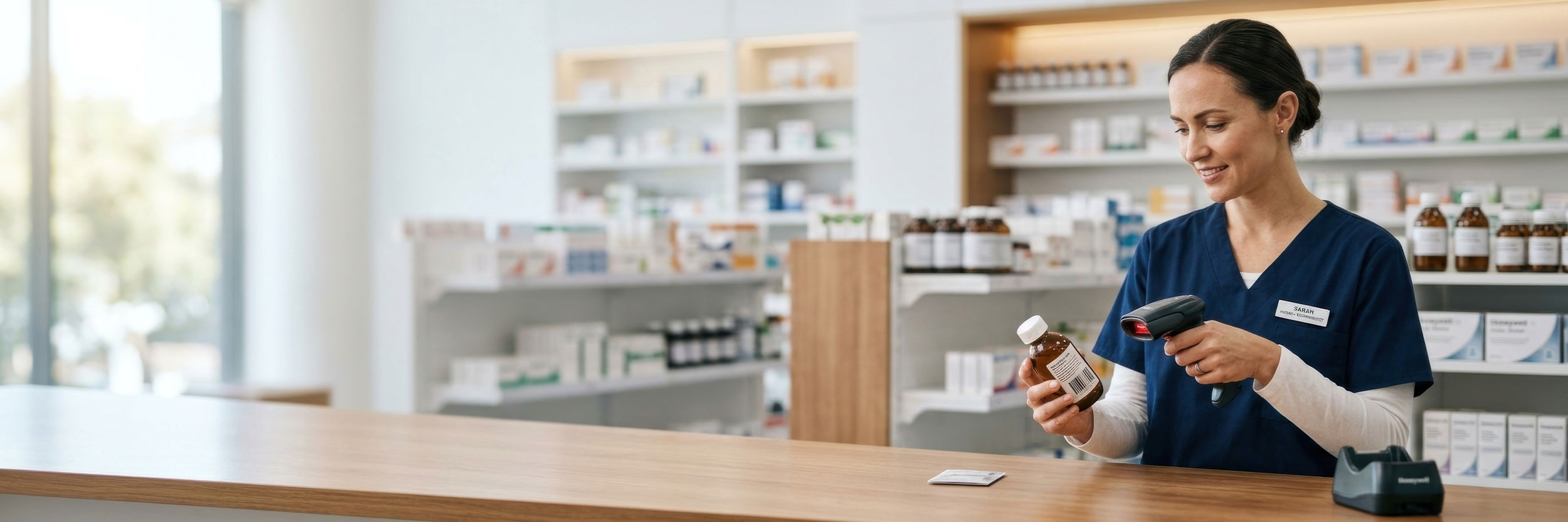 PA_desktop Pharmacy assistant in navy blue scrubs scanning a medication bottle with a barcode scanner in a pharmacy, with shelves of medications in the background.