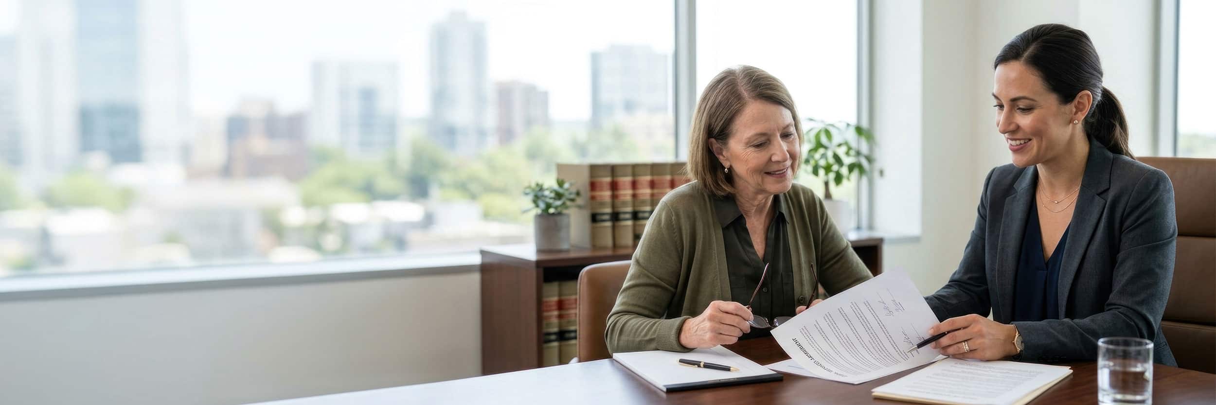 PL Legal professional reviewing documents with a client during a consultation in a modern office, with legal books and a city view in the background.
