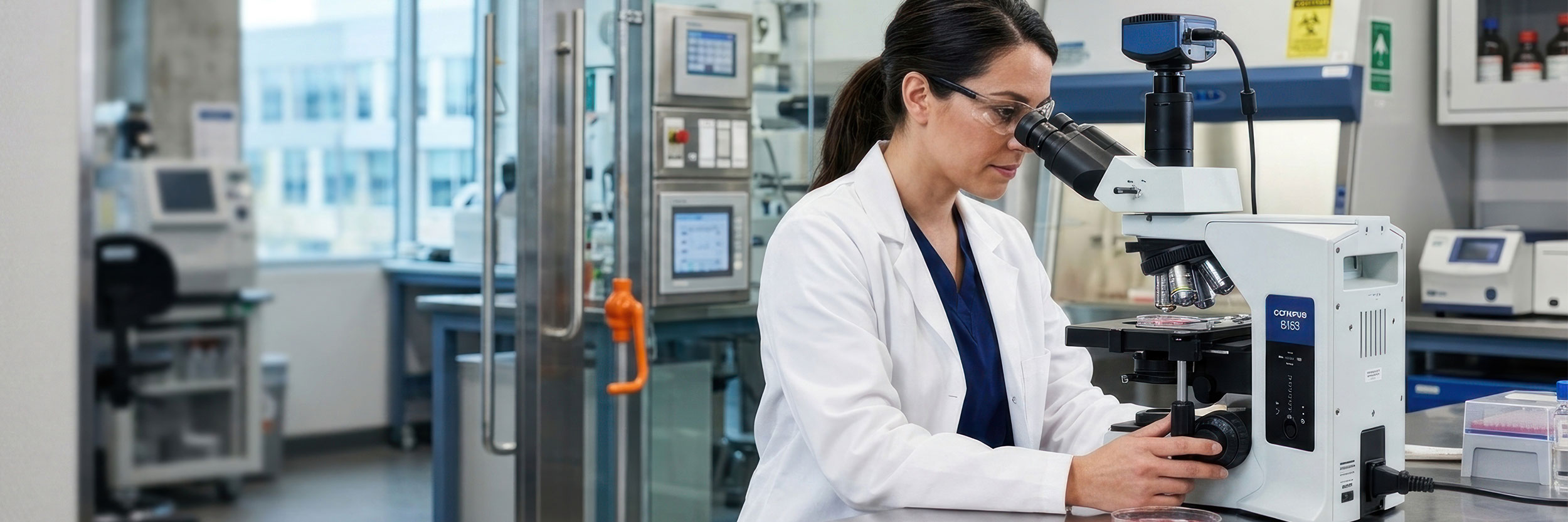 MLA_desktop Medical laboratory assistant wearing a white lab coat and safety glasses examining a sample under a microscope in a modern medical laboratory.